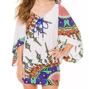 Trina Turk "Kasbah' Bohemian Swim Coverup Tunic Dress Womens Sz M
